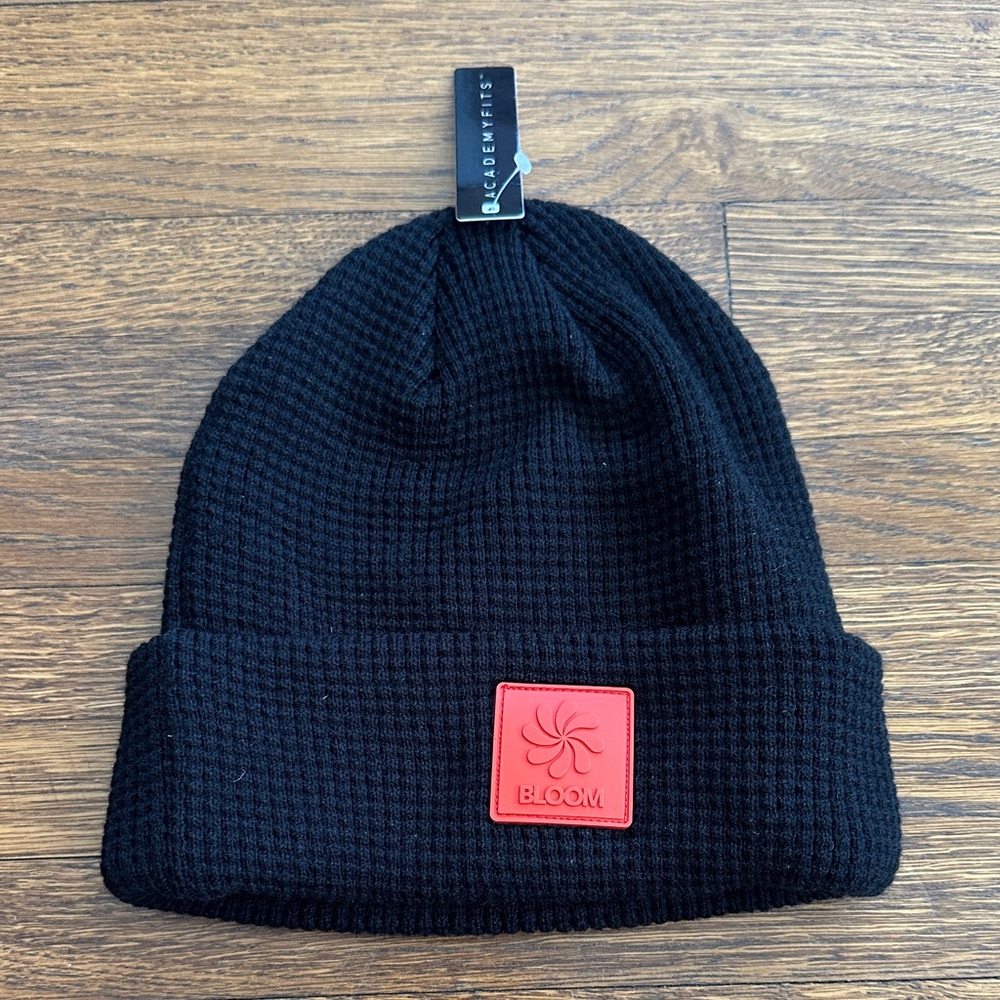 Bloom Black Knit Waffle Knit Beanie with Red Patch